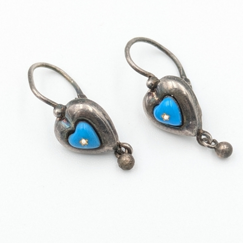 Antique 1815-1848 Biedermeier 800 silver blue heart drop earrings - Picture 1 of 7